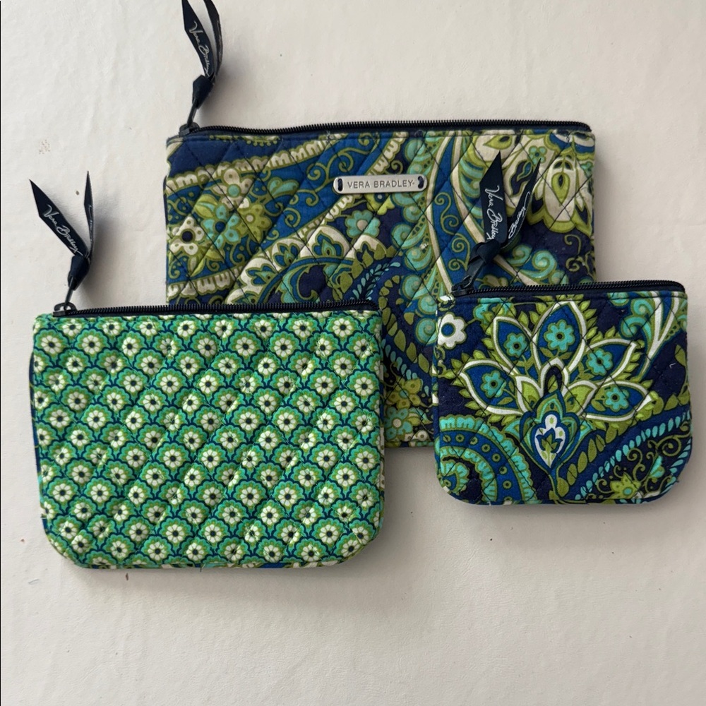 Vera Bradley Blue and Green Floral Cosmetic Bag Trio
